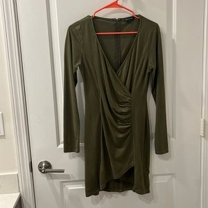 Dark hunter green suede long sleeve dress knee length